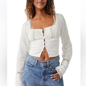 FREE PEOPLE Joi White Cropped Button Front Top Eyelet Long Sleeve Cotton New